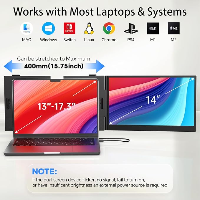 14" Laptop Screen Extender, Ultra-Thin 0.17" FHD 1080P IPS Portable Monitor for Laptop, Dual Monitor Extender, Plug & Play, Work with Windows/Mac/Chrome, Fits 13"-17.3" Laptops