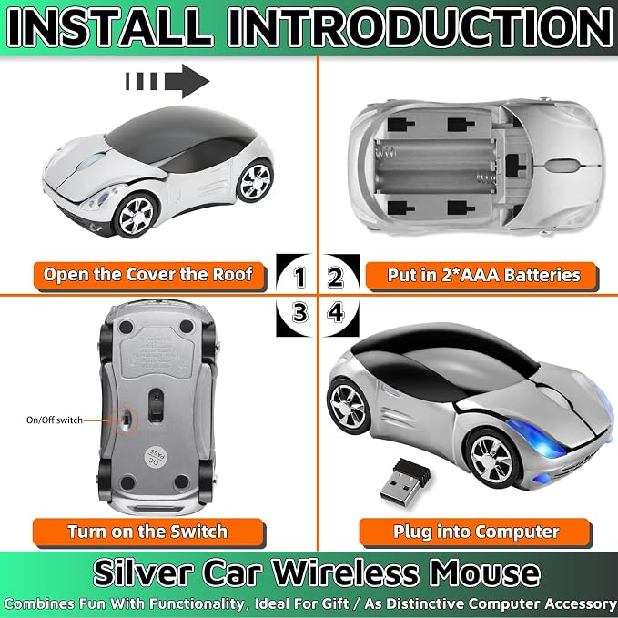 HuGuWdy Silver Car Mouse，2.4G with USB Reciver 1600DPI Computer Mice Wireless for Computer Wireless Computer Mouse for Laptop Tablet for Windows Mac OS（Silver）