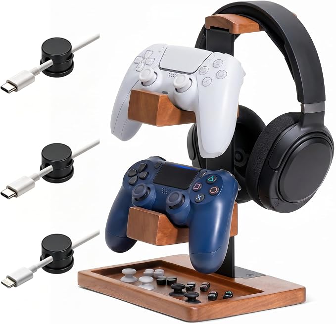 Headset Stand with Dual Controller Holder, Solid Wood Headphone Stand with Storage Base, Gaming Equipment Accessories for Desk