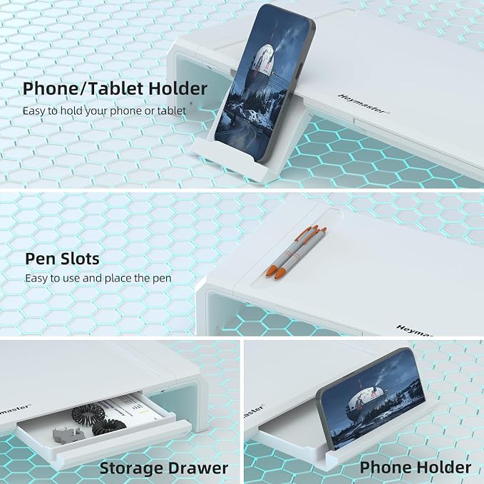 Heymaster Monitor Stand Riser with Drawer, Foldable & Adjustable Length Computer Stand with Phone & Tablet Holder, Space Saving Desk Organizer Shelf for Home Office, Laptop, Desktop