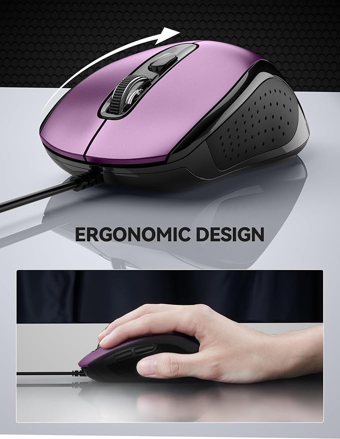 TECKNET USB Wired Mouse, 3600DPI Corded Computer Mouse with 4 Adjustable Levels, 6-Button 5FT Cord Ergonomic Mice, Home and Office Mice for Laptop PC Desktop Notebook - Purple
