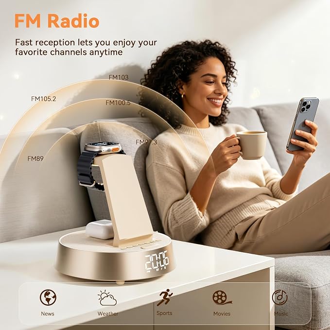 6 in 1 Wireless Charging Station with Alarm Clock, Bluetooth Speaker, FM Radio, Night Light for Bedroom Office, Wireless Charger Dock Station for iPhone 17 16 15 14 13 12 Pro Max,Apple Watch, AirPods
