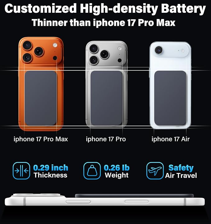 0.29" Ultra Slim 5000mAh for Magsafe Power Bank Mini 22.5W USB C Fast Charging Magnetic Battery Pack, Wireless Portable Charger Powerbank Thin for iPhone 17 16 15 14 13 12 Plus/ Pro/ Pro Max, Black