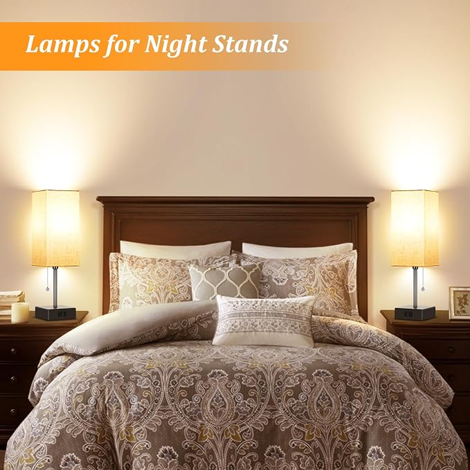 Table Lamp for Bedroom set of 2,3-Color Bedside Lamps with Pull Chain Table Lamps for Nightstand with AC Outlets,Night Light Lamps with 2 Bulbs Lamps for Living Room Kids Office Decor（Black+Cream）