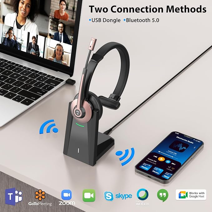 Wireless Headset with Mic for Work, Bluetooth Headset with Noise Cancelling Mic & USB Dongle for Meeting, Single Ear Work Headset with Charging Base & Mute for Teams/Zoom/Home/Office/Computer/Laptop
