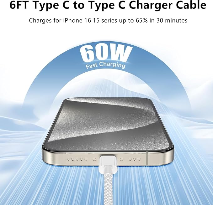 USB C to C Charger Cable 6ft, 60W Type C to C Fast Charging Cable Cord Long for Apple iPhone 17 Pro Max/17 Air/16 Pro Max/16 Pro/15 Plus/15 Pro Max/MacBook 2021/2020/2019,iPad Pro/Mini/Samsung Galaxy