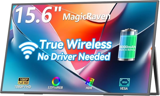 MAGICRAVEN Wireless Portable Monitor for Laptop, 15.6" Portable Monitor with Battery-1080P FHD Second Screen for Home & Office, AirPlay & Miracast Casting, No Cables or Drivers Needed