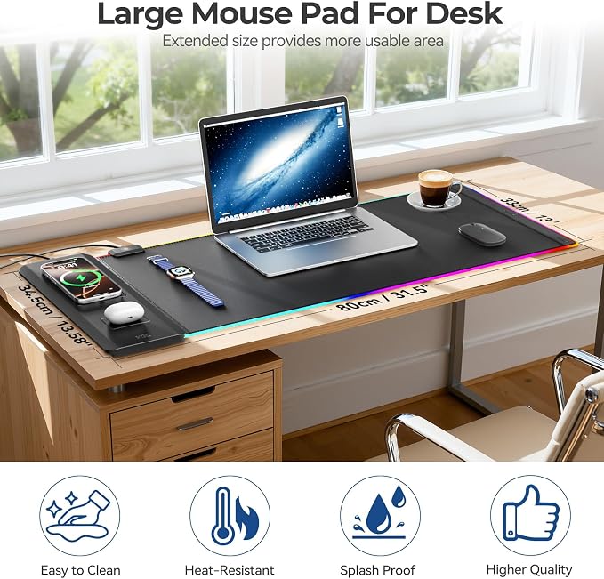 KDD RGB Mouse Pad with Wireless Charging - Desk Mat with Phone Holder and 15W Fast Charger - Gaming Mousepad with Ultra-Smooth Surface, Non-Slip Base - Keyboard Mat for Home Office Gamer Accessories
