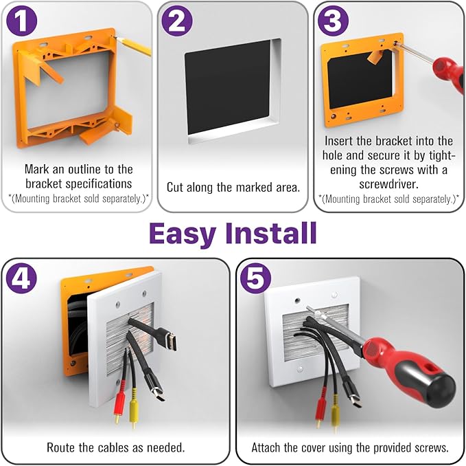 Fosmon 2-Gang Brush Wall Plate White, Double Gang Cable Management Kit for Cable pass through, Wire Cord Hider for Wall Mounted TV, Coaxial, HDMI, Ethernet Speaker Wires with Black Bracket