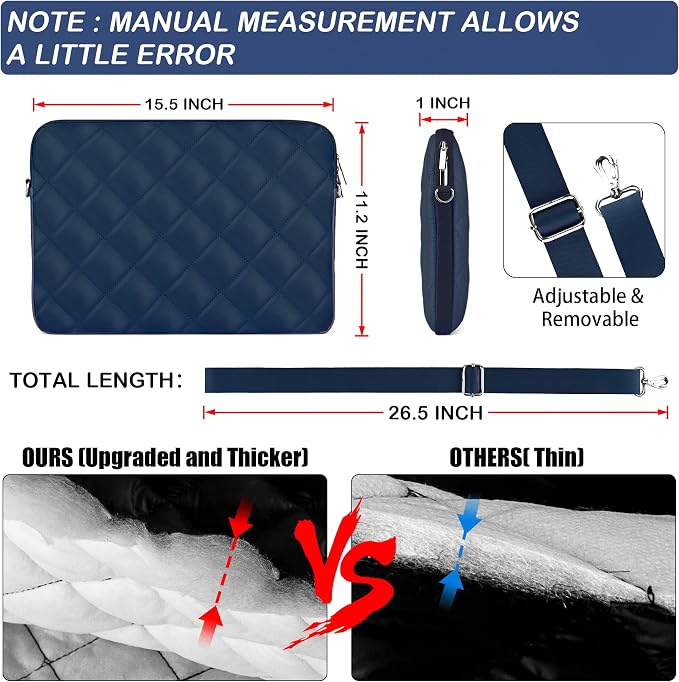 Puffy Quilted Laptop Sleeve with a Shoulder Strap Compatible with MacBook Air 15 inch M2 A2941 2023/Pro 15 A1990 A1707, 15 Surface Laptop 5/4/3, Compatible with Dell XPS 15