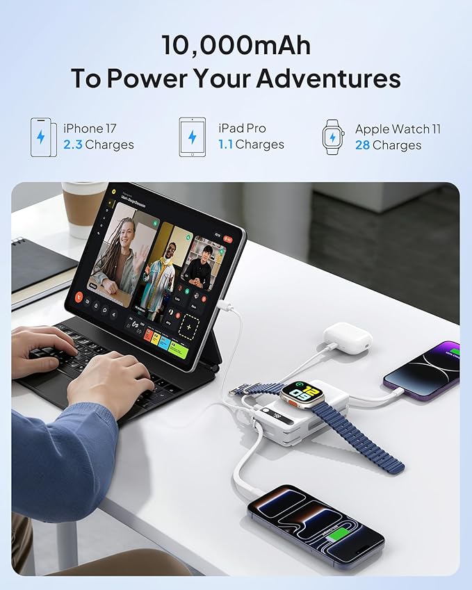 Portable Charger with Built-in Cables & Wall Plug, 10000mAh Power Bank, 5 Outputs 22.5W USB C Fast Charging, Mini Travel Essentials Battery Pack for iPhone 17/16/15/14, Apple Watch Ultra/11/10/9/8/SE