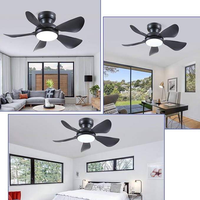Kviflon 32 Inch Modern Ceiling Fans with Lights, Small Flush Mount Ceiling Fan with Light and Remote/APP Control, 5 Reversible 6 Speeds Curved Blades, 3 CCT Dimmable Lights for Bedroom, Black