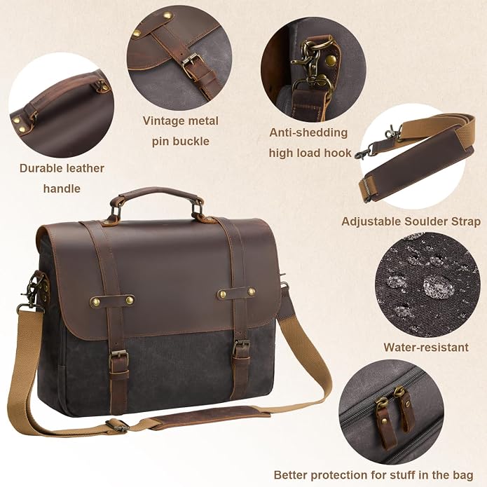 Mens Messenger Bag Waxed Canvas Laptop Briefcase 16“ Vintage Genuine Leather Crossbody Bags Waterproof Satchel Shoulder Bag