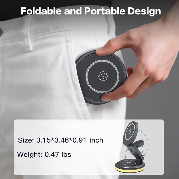 ZealSound 3-in-1 Foldable Magnetic Wireless Charger Stand, 15W Fast Charging Station with 30W Adapter and Warm Night Light for iPhone 17/16/15/14/13/12, Apple Watch & AirPods, for Home Office & Travel