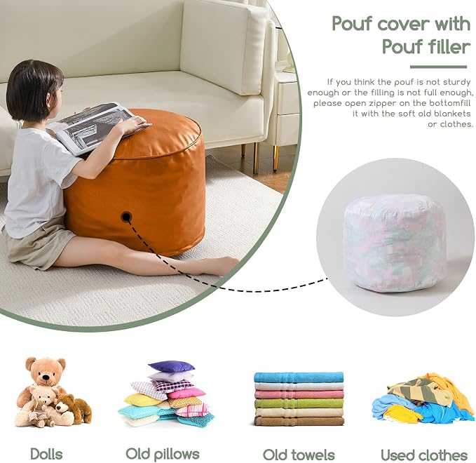 HIGOGOGO Round Stuffed Pouf Ottoman, Pu Leather Poufs with Foam Chunk Filling, Furry and Fluffy Pouf Foot Stool Storage Ottoman, 26 X 18 Floor Poufs Foot Rest for Living Room, Orange