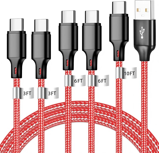 USB A to USB C Charger Cable, 5 Pack [3/3/6/6/10ft] Type C Fast Charging Cord High Data & Transfer Wire Compatible for iPhone 17/16/15 Plus/Pro Max iPad Pro Air Ps5 Controller Samsung Galaxy(Red)
