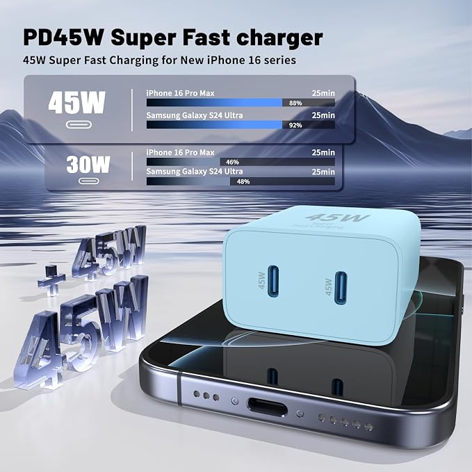 QZIIW Super Fast Samsung Charger Type C,45W Dual Port USB C Fast Charger Block [2-Pack] & Extra Long 60W 3/6/6/10FT USB C Cable - PD Quick Charging 3.0 for Samsung Galaxy S25 Ultra/S24+/S23 iPhone 16