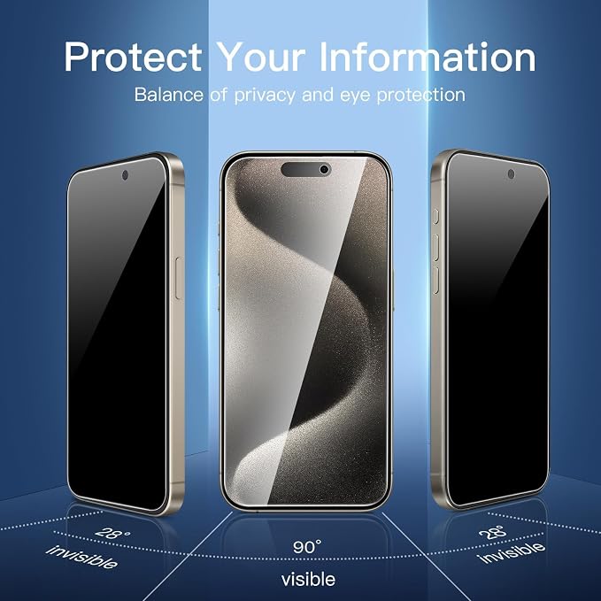 NEW'C 3x Privacy for iPhone 15 Pro Screen Protector (6.1 inches)+ 3x Camera Lens Protector, Sensor Protection, Case Friendly Tempered Glass Film + Dust Plug - Easy installation tool included