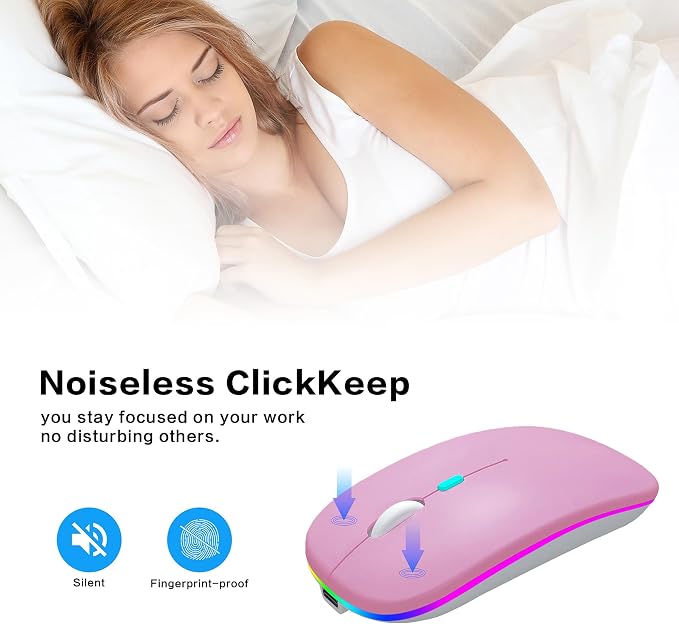 AIKOKOK Wireless Bluetooth Mouse, Rechargeable, Dual Mode Bluetooth 5.2 & 2.4G USB, LED Lights, Slim, Silent, Portable Computer Mouse for Laptop, PC, MacBook, iPad, Tablet (Rose Gold)