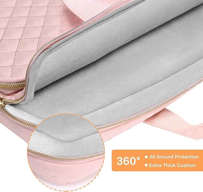 MOSISO 360 Protective Laptop Case 13.3 inch, 13-13.3 inch Laptop Sleeve Compatible with MacBook Air/Pro 13/Pro 14,HP Dell ASUS Lenovo, Square Quilted Bag Cover with 2 Pockets&Handle&Belt, Chalk Pink