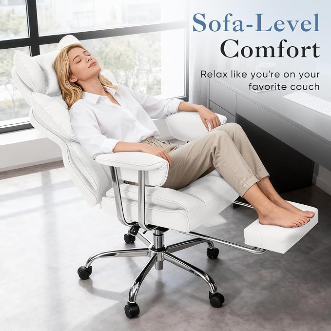 DUMOS Big and Tall Office Chair 350 LBS, Scratch-Resistant PU Leather Executive Office Desk Chair with Footrest, Ergonomic Reclining Computer Chair with Pocket Spring Support for Home Office, White