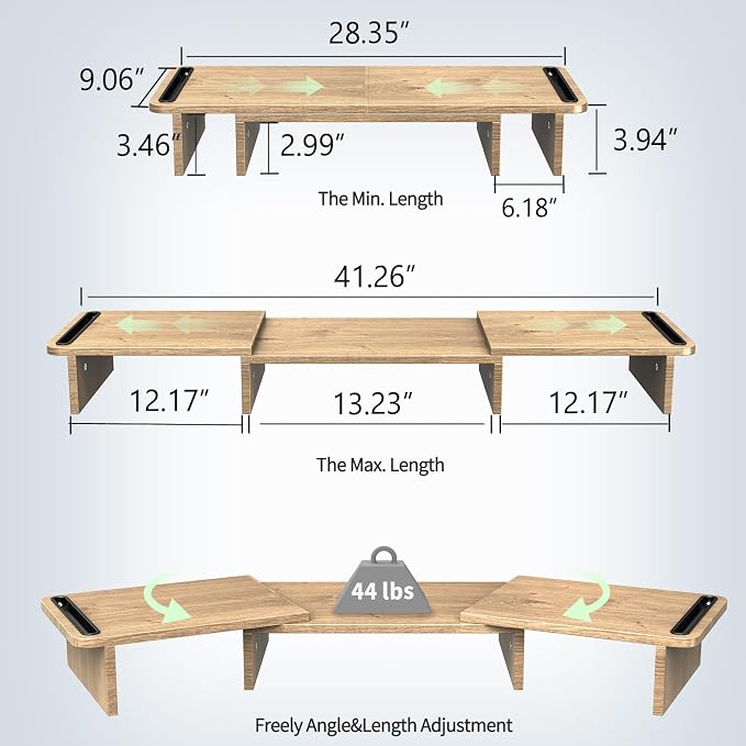 Zimilar Dual Monitor Stand Riser, Monitor Stand with Adjustable Length and Angle, Wood Monitor Stand for Desk, Monitor Riser for 2 Monitors with Storage Space
