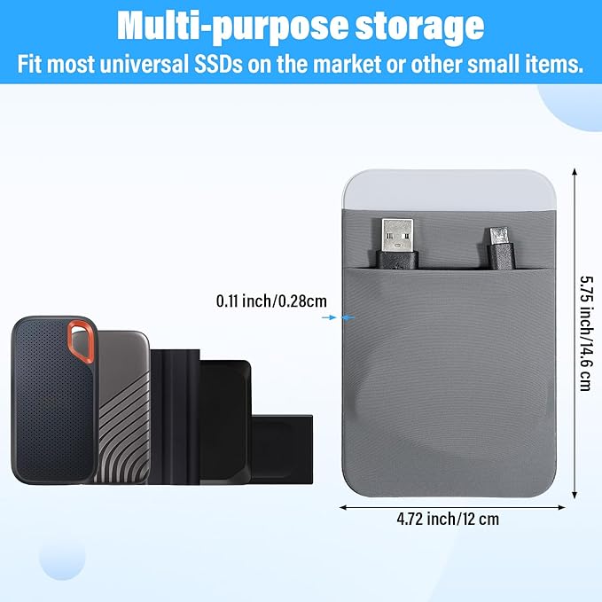 Portable Hard Drive Sleeve 2-Pocket Stick on Pouch with Reusable Adhesive SSD Hard Drives Carrying Case Computer Accessories Pouch Holder for Most Laptop External Solid State Drive Mouse USB Cable