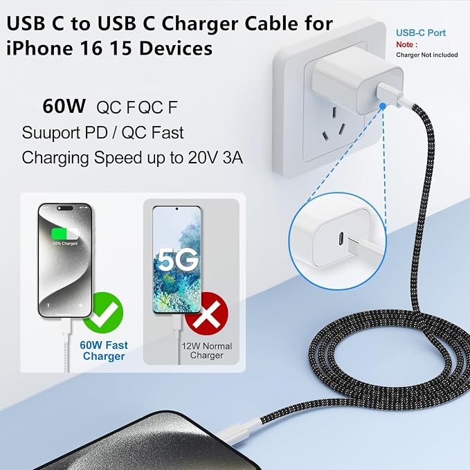 USB C to C Charger Cable 10ft, 60W Type C to C Fast Charging Cable Cord Long for Apple iPhone 17 Pro Max/17 Air/16 Pro Max/16 Pro/15 Plus/15 Pro Max/MacBook 2021/2020/2019,iPad Pro/Mini/Samsung Galaxy