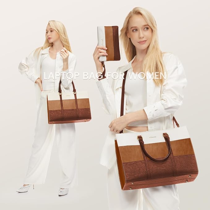 LOVEVOOK Laptop Bag for Women, 15.6 Inch Laptop Tote Bag, Vintage Leather Work Bags for Women, Waterproof Computer bag with Clutch Purse, Large Capacity Briefcase, Business Office Bag | Two-piece set
