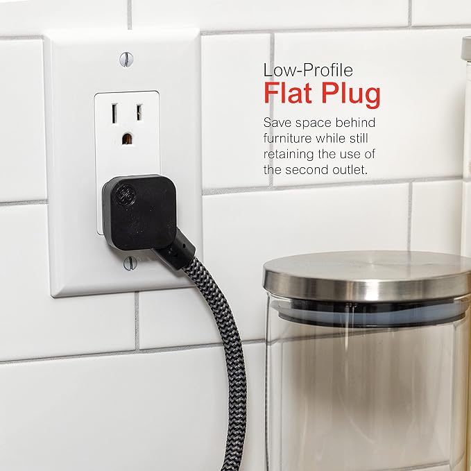 GE 3-Outlet Power Strip Mini Extension Cord with Multiple Outlets 5 Inch Braided Short Cord Extension Cord Grounded Flat Plug UL Listed Black 45191