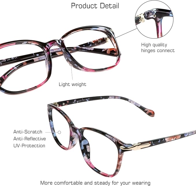 VisionGlobal 2 Pack Blue Light Blocking Glasses for Women Men, Stylish Square Frame(Pink+Floral)