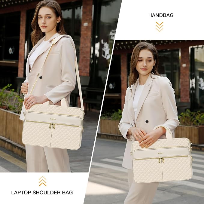 MOSISO 15-16 inch Laptop Bag, Laptop Briefcase Messenger Compatible with MacBook Pro 16/Air 15, HP, Dell, Lenovo, Square Quilted Computer Bag Work Office Business with 3 Pockets&Strap, Beige