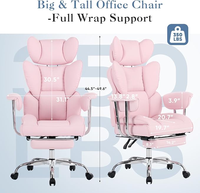DUMOS Big and Tall Office Chair 350 LBS, Scratch-Resistant PU Leather Executive Office Desk Chair with Footrest, Ergonomic Reclining Computer Chair with Pocket Spring Support for Home Office, Pink