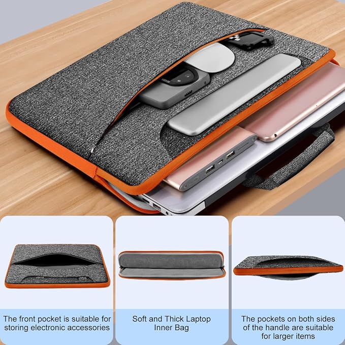 Laptop Case 15.6 inch Shoulder Bag, Durable Shockproof Protective Computer Carrying Briefcase with Multi-Pockets and Strap Compatible with Most 15.6 inch Notebooks,Dark gray-orange