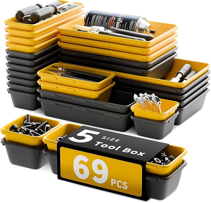 [5 Sizes] [69 PCS] Tool Drawer Organizer, Tool Box Tray, Desk Drawer Tray, Rolling Tool Chest, Toolbox Organzier (Black+Yellow)