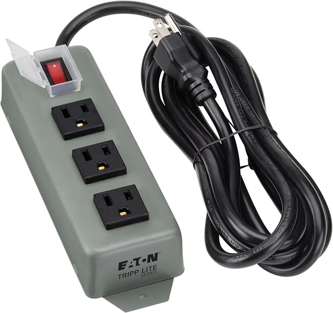 Eaton Tripp Lite Series 3-Outlet Heavy Duty Power Strip, Metal, Mountable (Wall Mount & Under Desk), 9ft Extension Cord, On/Off Switch Cover, Industrial Garage Shop Work Bench Applications (3SP9)
