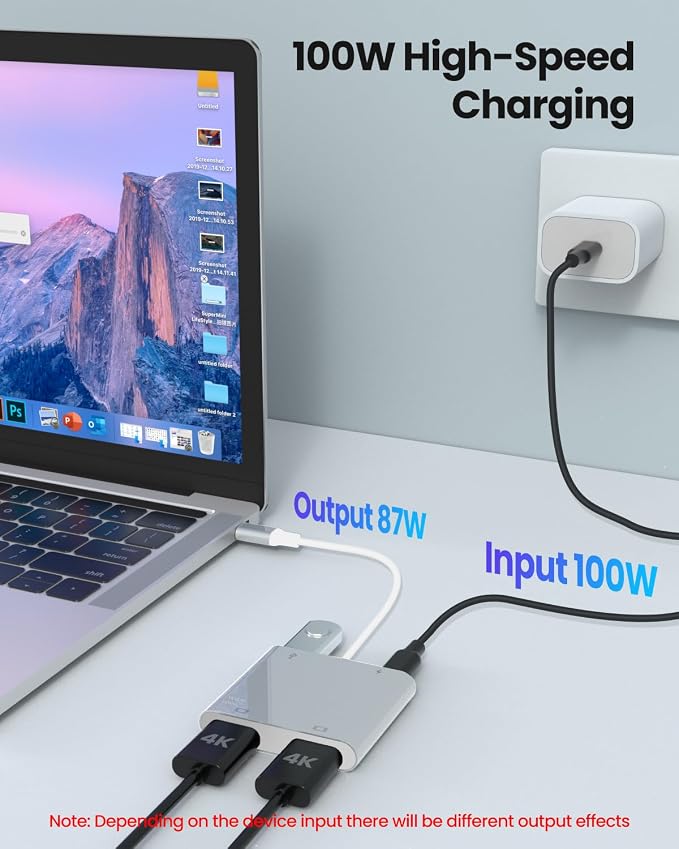USB C to Dual HDTV Adapter,Silver 4K@60Hz with 100W PD, USB-A, Support C to 2 HD Splitter Extended Display for Type C Devices (MST is not Supported on MacOS)