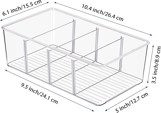 Vtopmart 6 Pack Food Storage Organizer Bins, Clear Plastic Bins for Pantry, Kitchen, Fridge, Cabinet Organization and Storage, 4 Compartment Holder Packets, Snacks, Pouches, Spice Packets