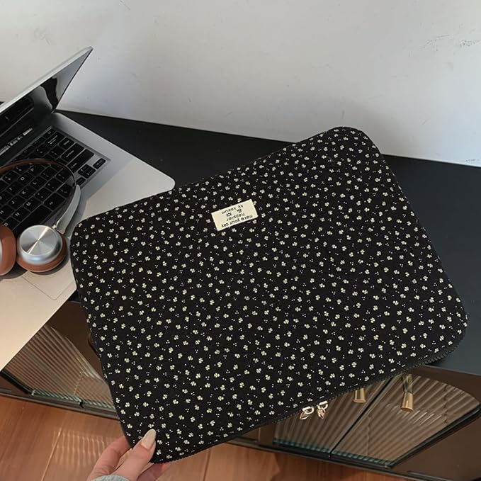 Puffy Laptop Sleeve 13-15.6 Inch Corduroy Quilted Laptop Protective Case Cute Floral Computer Sleeve Protective for MacBook (Black Ditsy Floral, 15.6 Inch)