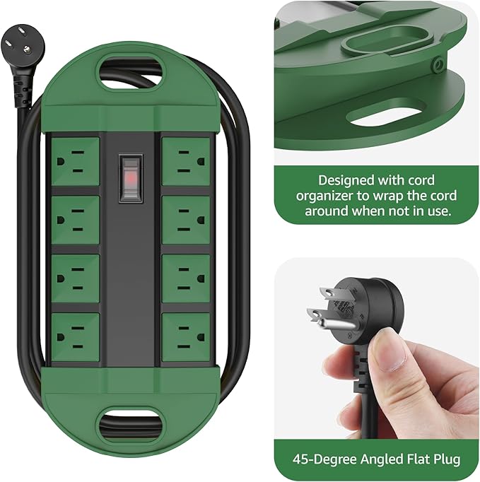 CCCEI 2 Outdoor Power Strips Weatherproof with 8 Plug, Waterproof Extension Cord with Multiple Outlets, Christmas Exterior Garden Yard Surge Protector 15FT, Green.