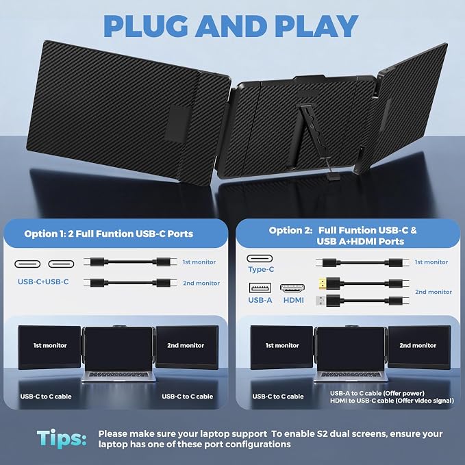 JoyReal Laptop Screen Extender, 14" FHD 1080P IPS Portable Monitor for Laptop, Triple Screen Extender Monitor USB-C/HDMI Plug-Play for Windows, Mac, Fit 13"-17.3" Laptops