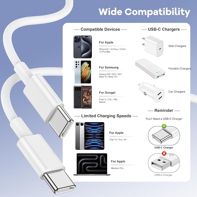 Essri USB C to USB C Cable 6FT for Apple iPhone 16 15 Charger Cord,3Pack 60W C to C Cable Fast Charging Wire for iPhone 16 15 Pro Plus Pro Max iPad Pro/Air MacBook Pro/Air,for Galaxy S24 S23 and More