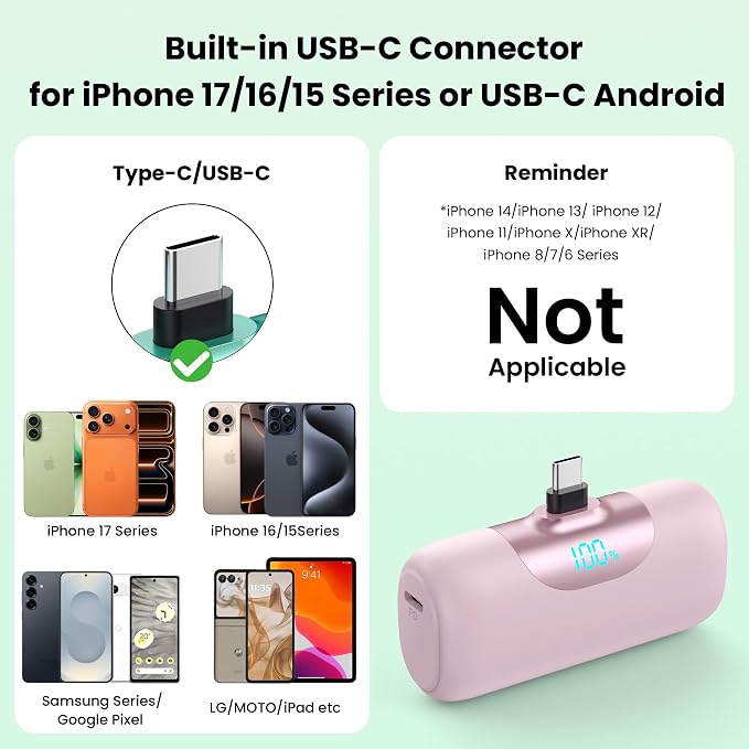 [2-Pack] 5500mAh Portable Charger for iPhone 17/16, LCD Display USB C Mini Power Bank,PDFast Charging Travel Lipstick Sized Battery Pack for iPhone 17/16/15 Pro Max, Galaxy S25/S24, Pixel(Pink+Purple)