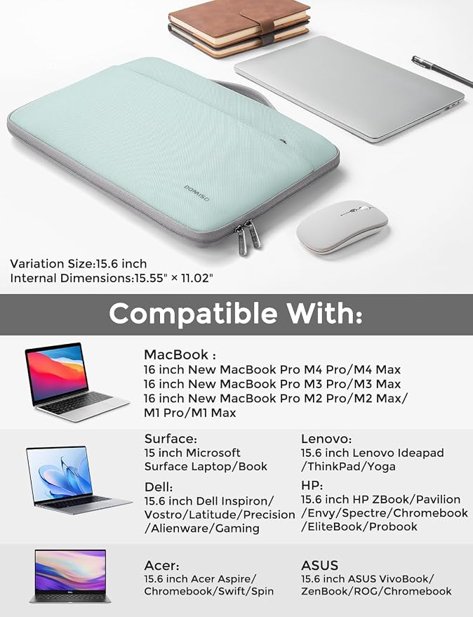 DOMISO 15.6 inch Laptop Case Sleeve Protective Cover Compatible with 16 inch MacBook Pro M4 M3 M2/Pro Max,15.6-16 inch HP Dell ASUS Lenovo Chromebook,Waterproof Computer Cases Bag,Mint Green