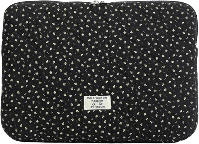 Puffy Laptop Sleeve 13-15.6 Inch Corduroy Quilted Laptop Protective Case Cute Floral Computer Sleeve Protective for MacBook (Black Ditsy Floral, 13-14 Inch)