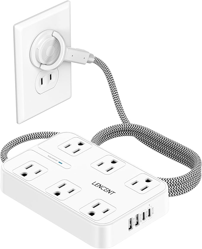 LENCENT 2 Prong Power Strip,2 Prong to 3 Prong Outlet Adapter,Two Prong Surge Protector, 6ft Braided Flat Plug Extension Cord, 6 AC & 4 USB (2 Type C), Wall Mount for Non-Grounded Outlet