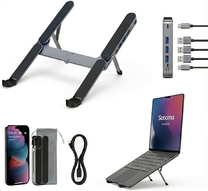 YUATAUY Ultra Compact Laptop Stand with 4 USB Ports, USB Hub for Desk, Foldable Portable for Travel, Library, Home, Office, Cafe, 6-Level Ergonomic Adjustable Aluminum Holder for 10-16" Laptops