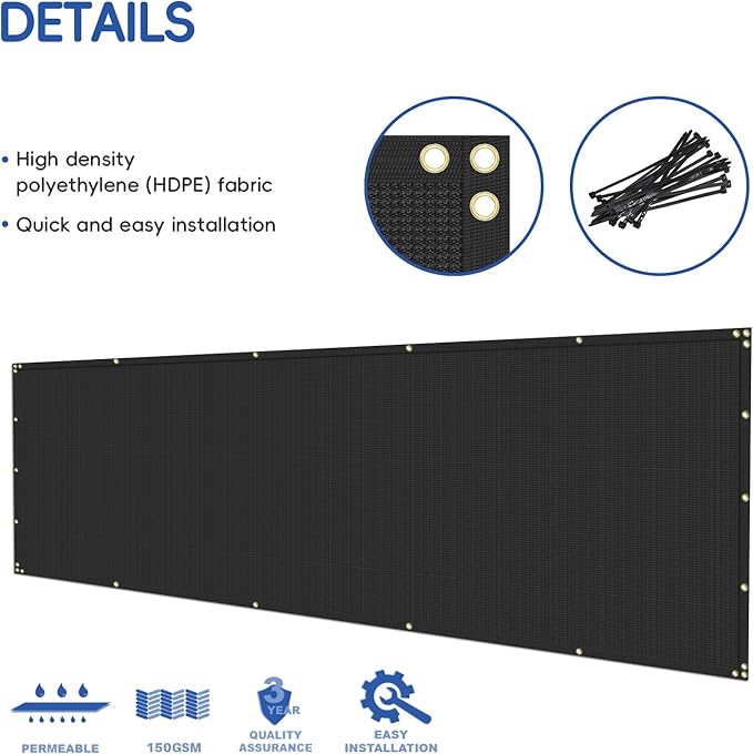 Bynbbur 6'x44' Privacy Fence Screen Net Fencing 90% Privacy Blockage Windscreen Fence Cover with Copper Grommet for Patio Backyard Garden Swimming Pool, Zip Ties Included, Black