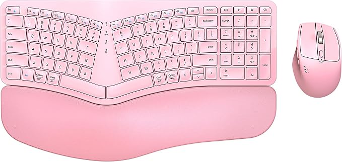 Ergonomic Wireless Keyboard Mouse Combo, EDJO Bluetooth/2.4G Dual Channel, Split Design, Soft Foam Palm Rest, 4 Level DPI Adjustable Wireless Mouse, Rechargeable, for Windows/Mac/Android(Pink)