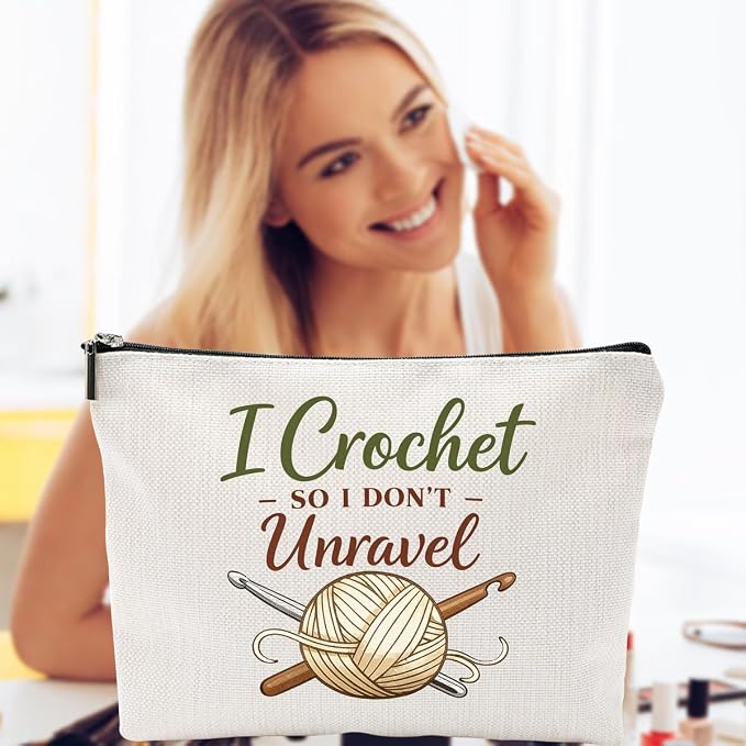 ZUYUROU Crochet Makeup Bag Funny Travel Cosmetic Pouch Zipper Organizer for Women Crafters, Double-Sided Canvas